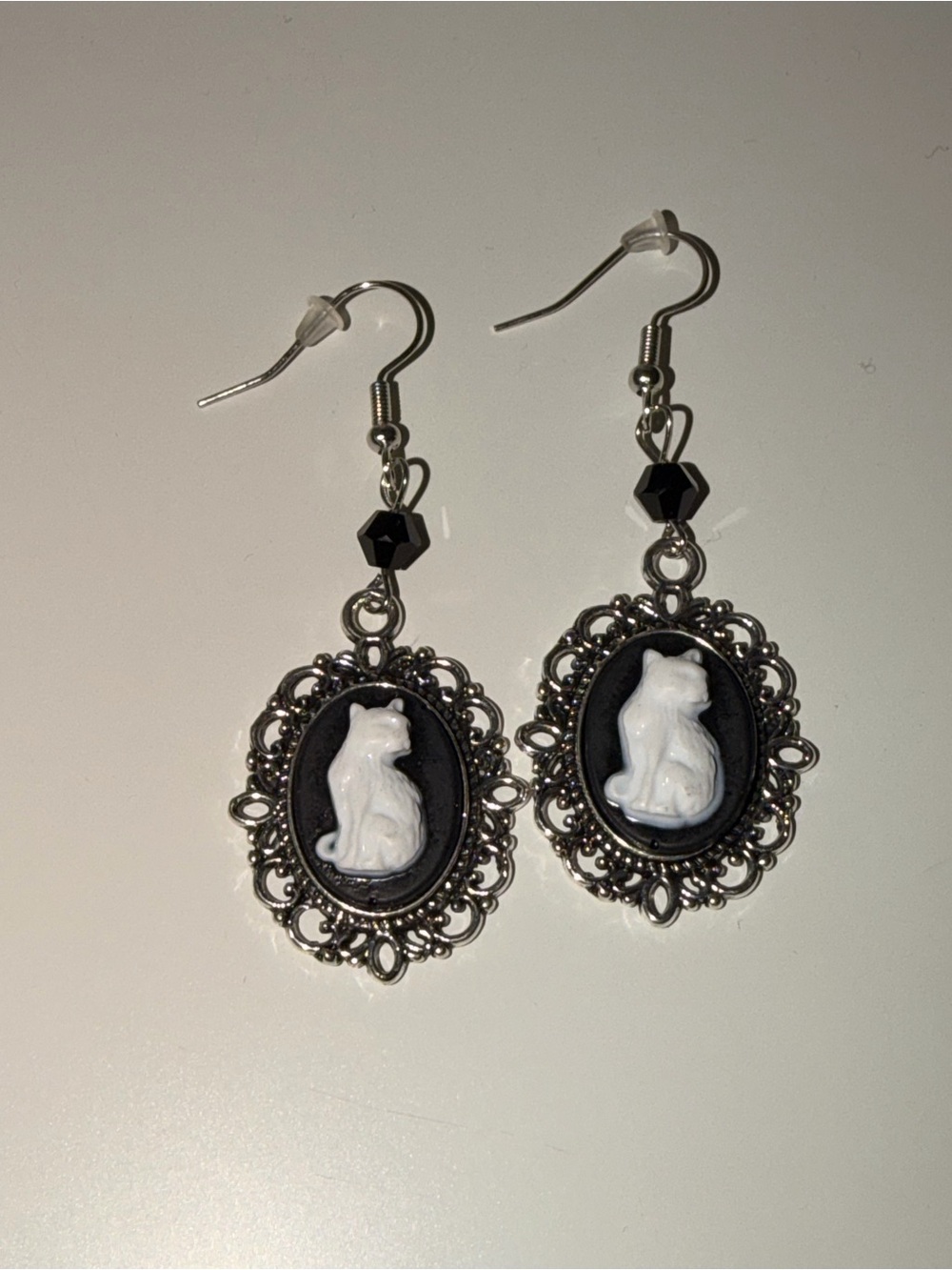 Black and White Cat Cameo Drop Earrings - Classic Cameo Style